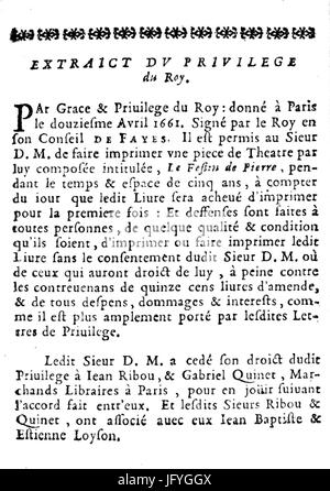 Extrait du privilège du festin de Pierre de Dorimond, Ribou 1665 Foto Stock