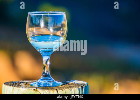 Riempite a metà bicchiere di vino seduti sul moncone di legno Foto Stock