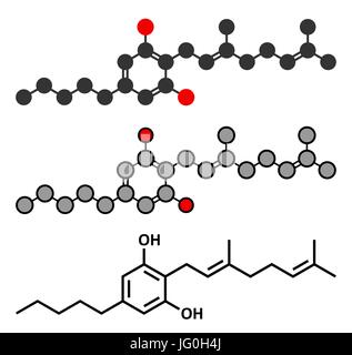 Cannabigerol molecola cannabinoide. Tradizionale formula scheletrico e stilizzate rappresentazioni. Illustrazione Vettoriale