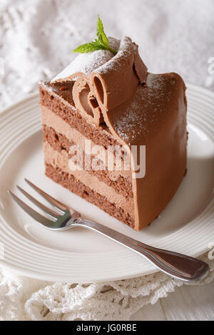 Appena sfornato la torta di cioccolato decorate con la menta closeup su di una piastra verticale. Foto Stock