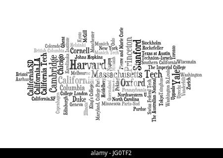 Famosa e rinomata università e istituti di tutto il mondo. La dimensione corrisponde approssimativamente alla posizione nel rating del 2016. 70 voci dal fir Foto Stock
