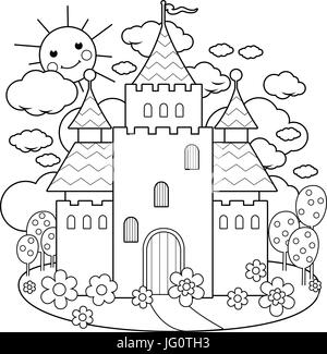 Castello da favola in primavera. Magico palazzo della principessa in un bellissimo giardino con fiori e alberi. Pagina di colorazione vettoriale in bianco e nero. Illustrazione Vettoriale