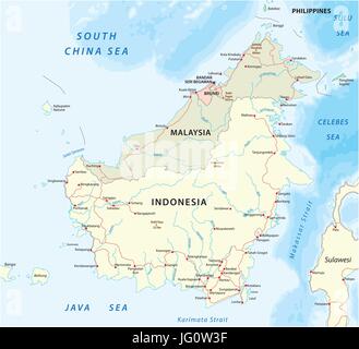 Vector road map isola del Borneo Kalimantan Illustrazione Vettoriale
