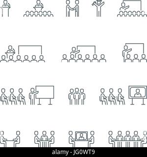 La gente di affari sale riunioni, presentazioni, conferenze e risorse umane correlate icona linea di raccolta. Illustrazione Vettoriale set. Illustrazione Vettoriale