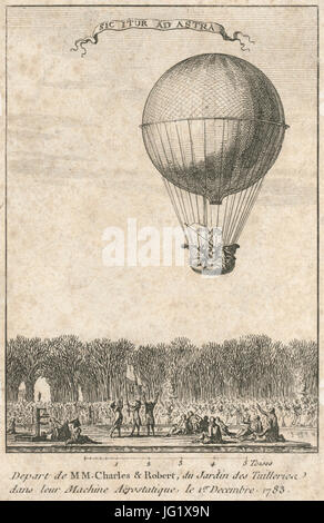 Partono de MM. Charles & Robert, du Jardin des Tuileries dans leur aërostatique macchina Foto Stock