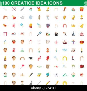 100 idea creativa set di icone, stile cartoon Illustrazione Vettoriale