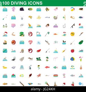 100 diving set di icone, stile cartoon Illustrazione Vettoriale