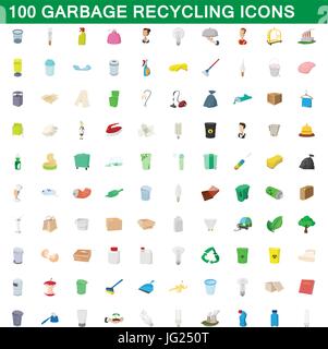 100 garbage riciclaggio set di icone, stile cartoon Illustrazione Vettoriale