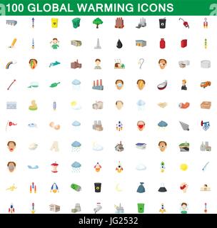 100 Riscaldamento globale set di icone, stile cartoon Illustrazione Vettoriale