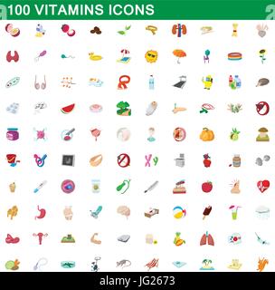 100 vitamine set di icone, stile cartoon Illustrazione Vettoriale