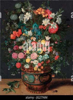 Jan Breughel II - Gigli iridi di rose e altri fiori in un vaso decorato con figure di Anfitrite e Céres su una mensola di pietra con un cervo beetle e altri insetti Foto Stock