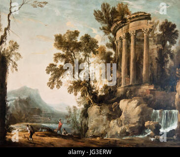 Un dipinto paesaggistico di Henri Mauperch, con il Tempio di Sybille, una struttura classica dell'antichità, adagiata su un pittoresco sfondo naturale, che mette in risalto la rappresentazione dell'artista di elementi storici e naturali. Foto Stock