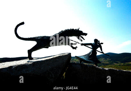 Un monumento della bestia di Gevaudan, villaggio di Auvers, Gévaudan, Margeride mountain, Haute Loire, Auvergne, Francia Foto Stock