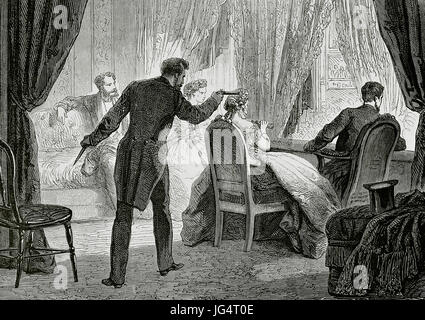 Abramo Lincoln (1809-1865). Uomo politico americano e avvocato.sedicesimo presidente degli Stati Uniti. Assassinio del presidente Abraham Lincoln da John documento Wilkes Booth (1838-1865) presso il Teatro di Ford a Washington D.C. il 14 aprile 1865. Incisione. Foto Stock