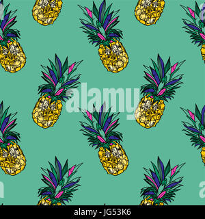 Perfetta estate ananas oro su sfondo colorato. Seamless pattern in . Foto Stock