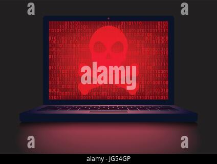Computer portatile in una stanza buia con cranio rosso e crossbones su incandescente codice binario lo sfondo dello schermo Illustrazione Vettoriale