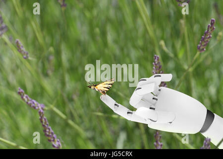 Mano di robot con una farfalla su di esso il dito Foto Stock