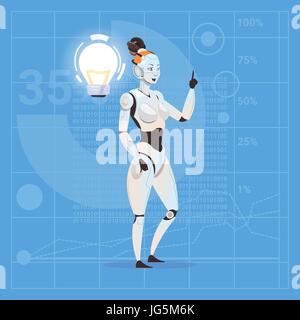 Moderno robot femmina con lampadina futuristico di intelligenza artificiale tecnologia il concetto di innovazione Illustrazione Vettoriale