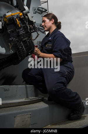 Un Fire Controlman di terza classe esegue la manutenzione del Phalanx Close-in Weapon System a bordo della portaerei USS Dwight D. Eisenhower (CVN 69) durante la fase di mantenimento del piano ottimizzato di risposta della flotta nell'Oceano Atlantico, 24 giugno 2017. Foto Stock
