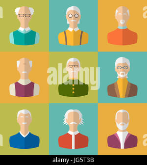 Illustrazione anziani icone di volti di uomini anziani. Nonni caratteri. Capi di pensionati. In stile cartone animato Avatar. Icone di Piana - Foto Stock