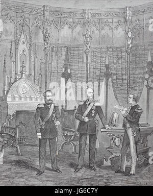 Miglioramento digitale:, Martin Sigismondo Eduard von Simson, 1810 - 1899, un giurista tedesco e illustre uomo politico liberale ci ha consegnato una lettera della Germania del Nord ti del Reichstag il re di Prussia, presso il castello di Hohenzollern, Germania, illustrazione del XIX secolo Foto Stock