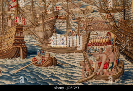 Real Alcázar. Il Salón de los Tapices. Paño VII. Toma de la Goleta (detalle) 03 Foto Stock