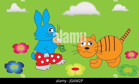 Il coniglio di mangiare le carote e lo zenzero tabby cat. Illustrazione Vettoriale