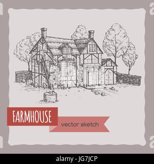 Mano bozzetto con la vecchia casa colonica. Ottimo per agricoltore prodotto e viaggi annunci pubblicitari, brochure, etichette. Illustrazione Vettoriale