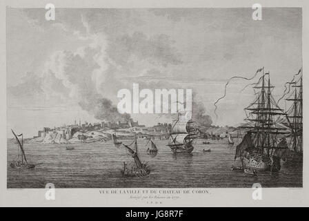 Vue de la ville et du Chateau du Coron Assiegé par les Russes en 1770 - Choiseul-gouffier Gabriel Florent Auguste De - 1782 Foto Stock
