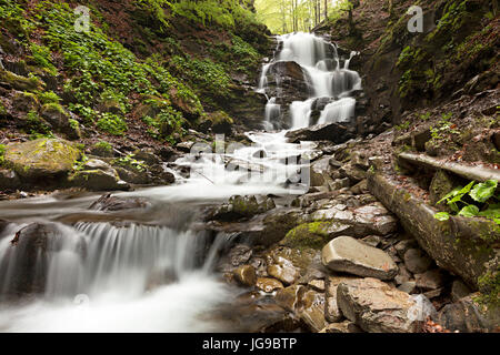 La limpida acqua di un fiume di montagna passa attraverso una cascata di massi su una cascata tra le colline delle montagne dei Carpazi. Foto Stock