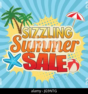 Sizzling Summer vendita poster pubblicitario design sul blu, illustrazione vettoriale Illustrazione Vettoriale