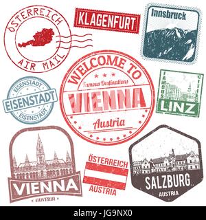 Set di viaggio francobolli grunge con Austria su sfondo bianco, illustrazione vettoriale Illustrazione Vettoriale