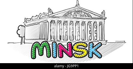 Minsk bella icona abbozzata, famaous disegnati a mano landmark, il nome della città di scritte, illustrazione vettoriale Illustrazione Vettoriale