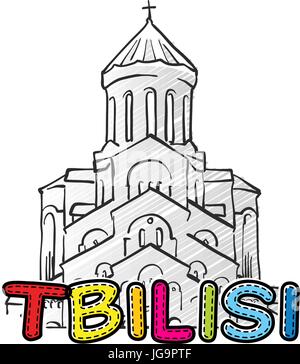 Tbilisi bella icona abbozzata, famaous disegnati a mano landmark, il nome della città di scritte, illustrazione vettoriale Illustrazione Vettoriale