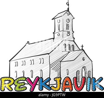 Reykjavik bello abbozzato icona, famaous disegnati a mano landmark, il nome della città di scritte, illustrazione vettoriale Illustrazione Vettoriale