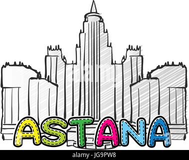 Astana bella icona abbozzata, famaous disegnati a mano landmark, il nome della città di scritte, illustrazione vettoriale Illustrazione Vettoriale