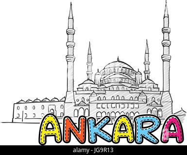 Ankara bella icona abbozzata, famaous disegnati a mano landmark, il nome della città di scritte, illustrazione vettoriale Illustrazione Vettoriale