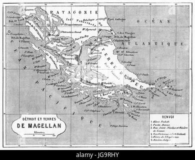Terra di fuoco vecchia mappa topografica della piazza. Antica pittura di Etching in tonalità di grigio di Erhard e Bonaparte, le Tour du Monde, Parigi, 1861 Foto Stock