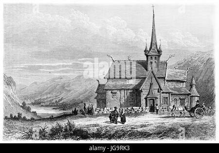 Lom stave chiesa in legno a punta, Norvegia, che fronteggia un vasto paesaggio montano. Antica tonalità grigio incisione stile arte di Girardet, le Tour du Monde, 1861 Foto Stock