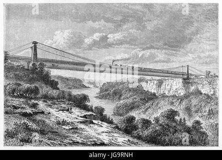 Niagara Falls Suspension Metallic Railway Bridge, Nord America, su un vasto paesaggio naturale. Antica arte di incisione in tonalità di grigio di Lancelot, 1861 Foto Stock