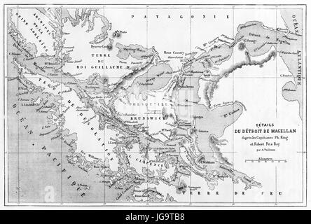 Stretto bianco e nero di Magellano vecchia mappa topografica. Antica arte di incisione in tonalità di grigio di Erhard e Bonaparte, pubblicata il 1861 Foto Stock