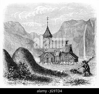 Vista antica della chiesa a stavata di Vangsnaes, Norvegia (attualmente sostituita da un edificio in muratura). Antica pittura di stile di incisione a toni grigi di Huyot, 1861 Foto Stock