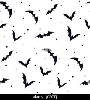 Vector pattern Seamless sciame di pipistrelli sul bianco. Bella silhouette Halloween holiday in bianco e nero sulla piastrella polka dot sfondo per la carta di avvolgimento Illustrazione Vettoriale
