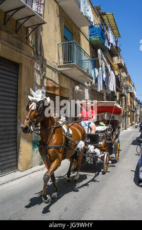 Uomo alla guida di un cavallo e carrozza in uno dei Palermos stradine. Palermo, Sicilia, Italia. Foto Stock