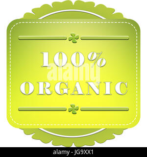 100 percento badge organico su sfondo bianco con foglie Foto Stock