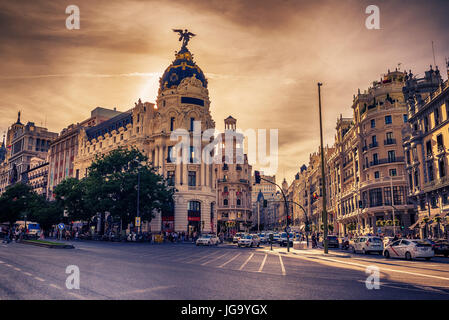 Madrid, Spagna: paesaggio urbano di Calle de Alcalá e Gran Via Foto Stock