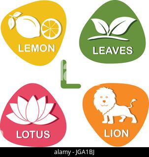 Alfabeto carino nel vettore. L lettera per il limone, foglie, Lotus e lion. Illustrazione Vettoriale