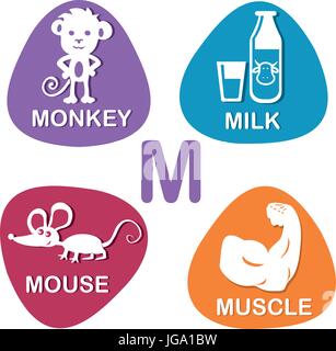 Alfabeto carino nel vettore. Lettera M per la scimmia, latte, mouse e muscolo. Illustrazione Vettoriale