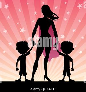 Super mom con i suoi due figli gemelli. Illustrazione Vettoriale