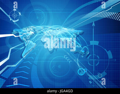 Mappa del mondo il concetto di sfondo astratto con le traiettorie di volo o i collegamenti di comunicazione. Una tecnologia o il concetto di globalizzazione Foto Stock